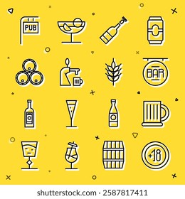 Set line Alcohol 18 plus, Wooden beer mug, Street signboard with Bar, Opened bottle of wine, Beer tap glass, barrels, Pub and Hop icon. Vector