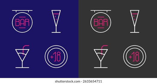 Set line Alcohol 18 plus, Cocktail, Glass of champagne and Street signboard with Bar icon. Vector