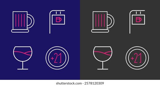 Set line Alcohol 21 plus, Wine glass, Street signboard with Bar and Wooden beer mug icon. Vector