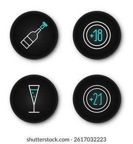 Set line Alcohol 21 plus, Glass of champagne, 18 and Opened bottle wine icon. Vector