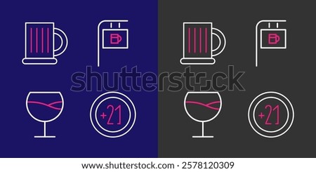 Set line Alcohol 21 plus, Wine glass, Street signboard with Bar and Wooden beer mug icon. Vector