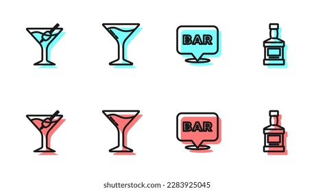 Set line Alcohol bar location, Martini glass,  and Whiskey bottle icon. Vector