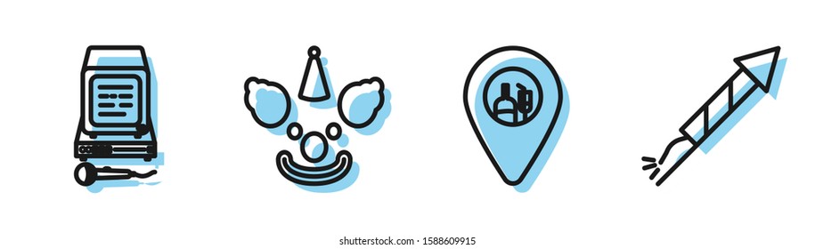 Set line Alcohol or beer bar location , Karaoke , Clown head  and Firework rocket  icon. Vector