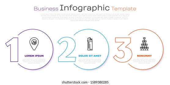 Set line Alcohol or beer bar location , Lighter  and Wine glasses stacked in a pyramid tower . Business infographic template. Vector