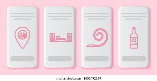 Set line Alcohol or beer bar location , Home stereo with two speakers , Birthday party horn  and Beer bottle . White rectangle button. Vector
