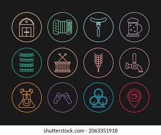 Set line Alcohol or beer bar location, Beer tap, Sausage the fork, Musical drum and sticks, Carnival garland with flags, Farm House, Wheat and Accordion icon. Vector