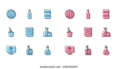 Set Line Alcohol Or Beer Bar Location, Beer Bottle And Can, Wooden Barrel, Bottle Of Cognac Brandy, Glass Whiskey, Whiskey Glass, Champagne In Ice Bucket And Wine Icon. Vector