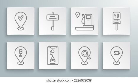 Set line Alcohol or beer bar location, Road traffic sign, City map navigation, Search, Location with coffee cup, and gas station,  and check mark icon. Vector
