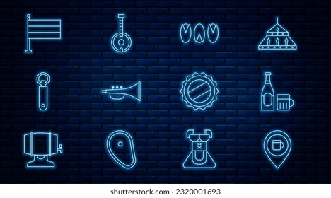 Set line Alcohol or beer bar location, Beer bottle and glass, Pistachio nuts, Musical instrument trumpet, Bottle opener, National Germany flag, cap and Banjo icon. Vector