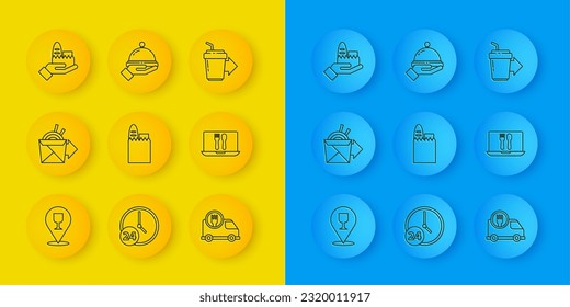 Set line Alcohol or beer bar location, Online ordering noodles delivery, Shopping bag and food, Fast by car, Coffee cup to go and Covered with tray icon. Vector
