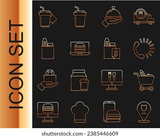 Set line Alcohol or beer bar location, Shopping cart and food, Food ordering, Covered with tray of, Online burger delivery, bag, Coffee cup to go and  icon. Vector