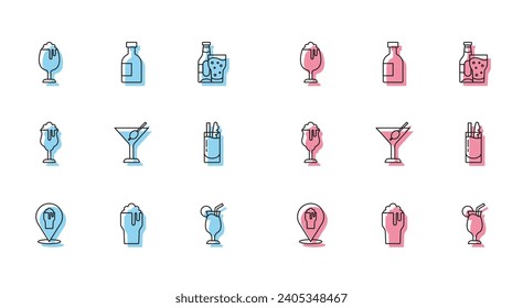 Set line Alcohol or beer bar location, Glass of, Cocktail, Martini glass, Bloody Mary,  and bottle vodka icon. Vector