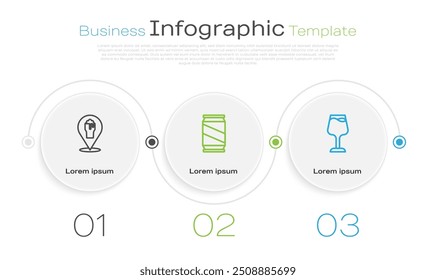 Set line Alcohol or beer bar location, Beer can and Wine glass. Business infographic template. Vector