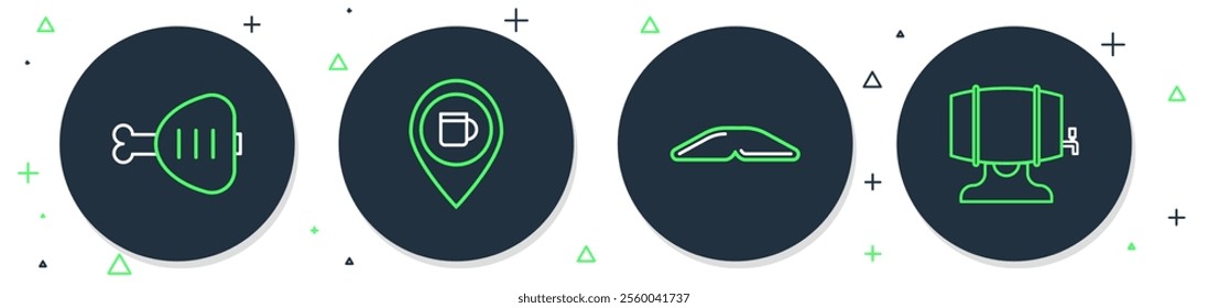 Set line Alcohol or beer bar location, Homemade pie, Chicken leg and Wooden barrel rack icon. Vector