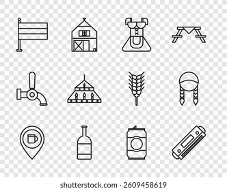 Set line Alcohol or beer bar location, Harmonica, Costume for women dirndl, Beer bottle, National Germany flag, Massive steel chandelier, can and Braid icon. Vector