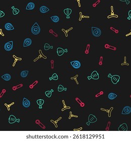 Set line Alcohol or beer bar location, Chicken leg, Sausage the fork and Bottle opener on seamless pattern. Vector