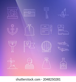 Línea Alcohol Beber Botella Rum, Pistolas Vintage, Botas piratas de cuero, Llave Pirata, Saco, Anclaje, mapa del tesoro y Pluma Feather e icono de desplazamiento. Vector