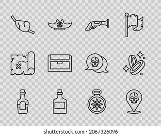 Línea Alcohol Beber Rum, Lugar pirata, Pistola Vintage, Parche Pirata para los ojos, Cofre del tesoro antiguo, Compass y icono de la moneda. Vector