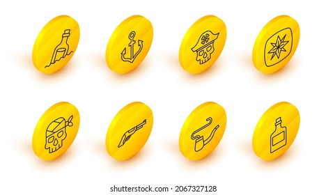 Set line Alcohol drink Rum, Smoking pipe, Vintage pistol, Pirate captain, Wind rose, Anchor and Bottle with message water icon. Vector