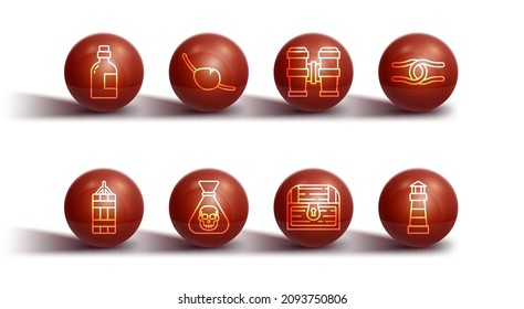 Línea Alcohol Beber Rum, Dynamite Bomba, Rope atado nudo, Cofre del tesoro antiguo, Moneda pirata, parche en el ojo, Icono de Lighthouse y Binoculares. Vector