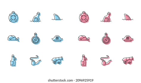 Set line Alcohol drink Rum, Smoking pipe, Lifebuoy, Cannon, Compass, Pirate hat, bandana for head and Bottle with message water icon. Vector