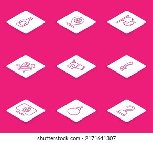 Línea Alcohol Beber Rum, Lugar pirata, Bandera Pirata, Moneda, Cañón, espada, Calavera y Bomba listos para explotar icono. Vector