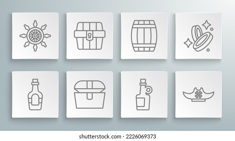 Set Linie Alkohol trinken Rum, antike Schatztruhe, Piratenhut, Holzfass, Münze und Schiff Lenkradsymbol. Vektorgrafik