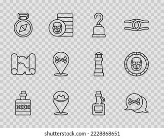Set line Alcohol drink Rum, Location pirate, Pirate hook, Compass,  and coin icon. Vector