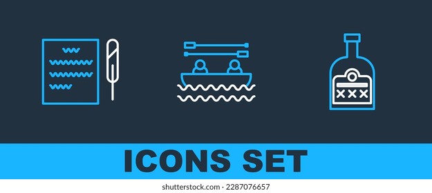 Set line Alcohol drink Rum bottle, Feather pen and scroll and Boat with oars icon. Vector