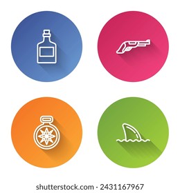 Set line Alcohol drink Rum, Vintage pistol, Compass and Shark fin ocean wave. Color circle button. Vector