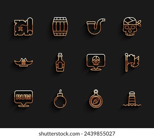 Set line Alcohol drink Rum, Bomb ready to explode, Pirate treasure map, Compass, Lighthouse, flag and Skull icon. Vector
