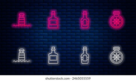 Set line Alkohol trinken Rum, , Leuchtturm und Kompass. Glühende Neon-Ikone auf Ziegelmauer. Vektorgrafik