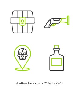 Ron, pirata de Locación, pistola de Antiguas e ícono del cofre del tesoro antiguo. Vector