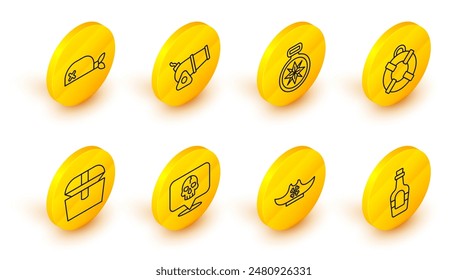 Set line Alcohol drink Rum, Pirate hat, Skull, Antique treasure chest, Lifebuoy, Compass, Cannon and bandana for head icon. Vector
