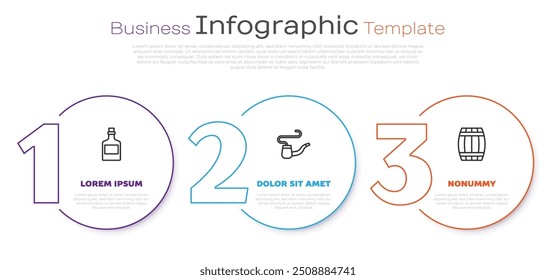 Set line Bebida alcohólica Ron, pipa de fumar y barril de madera. Plantilla de infografía de negocios. Vector