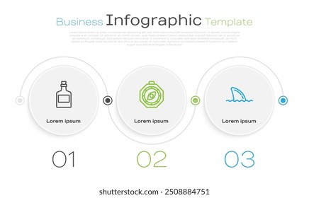 Set line Álcool drinque Rum, Bússola e tubarão fin onda do oceano. Modelo de infográfico comercial. Vetor