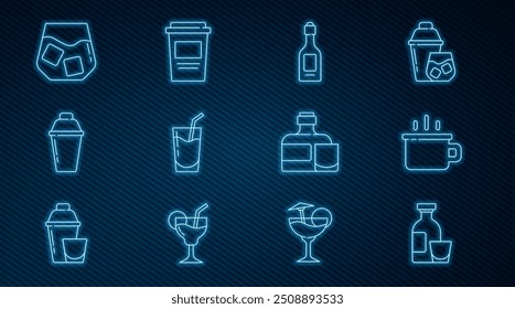 Definir linha Bebida em álcool Rum, Cálice, Garrafa de champanhe, Cocktail, agitador, Uísque de vidro, Uísque e vidro e para ir ícone. Vetor