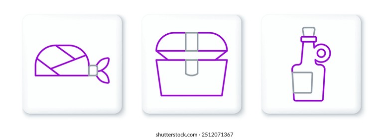 Set line Alcohol drink Rum, Pirate bandana for head and Antique treasure chest icon. Vector