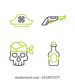 Set Linie Alkohol trinken Rum, Piraten Kapitän, Vintage Pistole und Hut-Symbol. Vektorgrafik