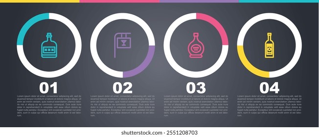 Set line Alcohol drink Rum bottle, Street signboard with Bar, Bottle of cognac or brandy and Glass vodka. Business infographic template. Vector