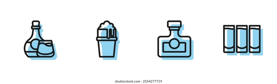 Set line Alcohol drink Rum, Whiskey bottle and glass, Glass of beer and Shot icon. Vector