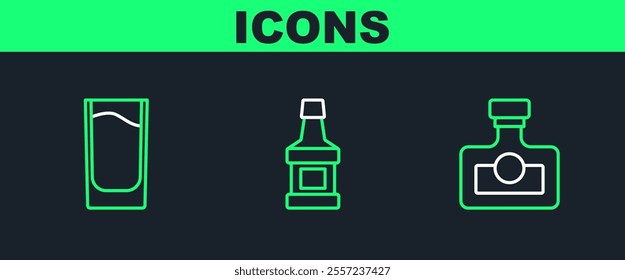 Set line Alcohol drink Rum, Shot glass and Whiskey bottle icon. Vector