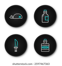 Set line Alcohol drink Rum, Pirate sword,  and bandana for head icon. Vector