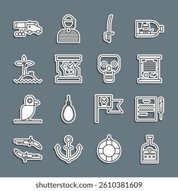 Set line Alcohol drink Rum bottle, Feather pen and scroll, Decree, parchment,, Pirate sword, treasure map, Tropical island ocean, Cannon with cannonballs and Skull icon. Vector