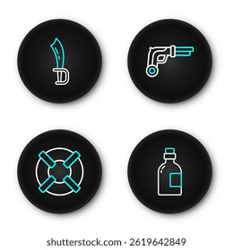 Set line Alcohol drink Rum, Lifebuoy, Vintage pistols and Pirate sword icon. Vector