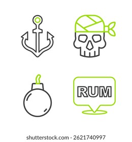 Definir linha Bebida em álcool Rum, Bomba pronta para explodir, Capitão pirata e ícone da âncora. Vetor