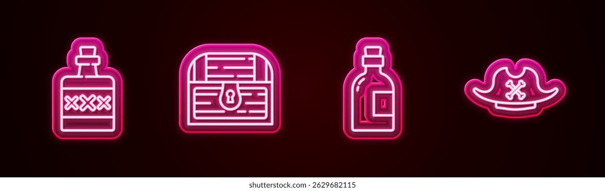 Set line Alcohol drink Rum, Antique treasure chest,  and Pirate hat. Glowing neon icon. Vector