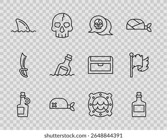 Definir linha Bebida em álcool Rum, Caveira, Banda pirata para a cabeça, Barbatana de tubarão onda do oceano, Garrafa com água de mensagem, Navio vigia da praia e ícone da bandeira. Vetor
