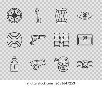 Set Linie Alkohol trinken Rum, Seil gebunden einen Knoten, Gun Pulver Fass, Kanone, Kompass, Vintage Pistolen, Schädel und antike Schatztruhe Symbol. Vektorgrafik