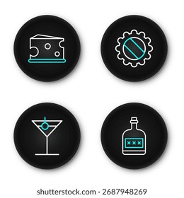 Set line Bebida alcohólica Botella de ron, copa de Martini, tapa de botella e icono de queso. Vector